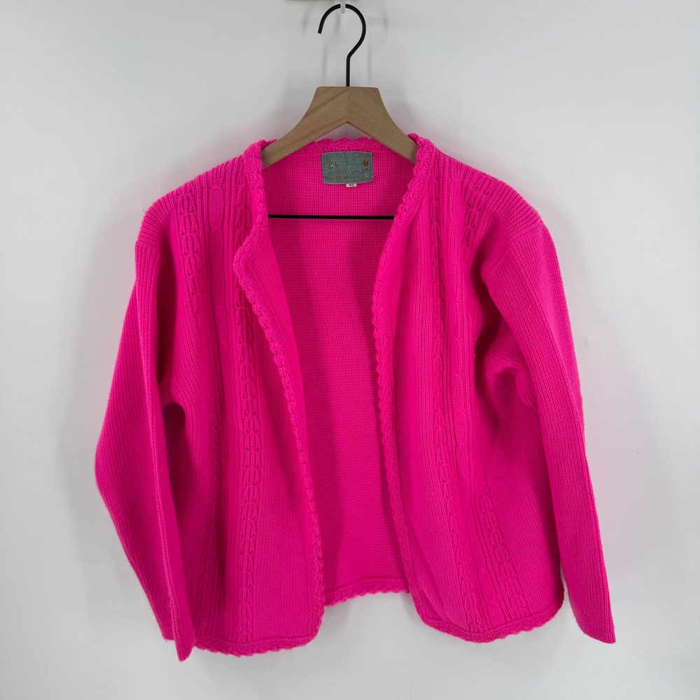 Vintage Helen Sue Hot Pink Open Cardigan‎ Scalloped Trim Knit Size L Vibrant